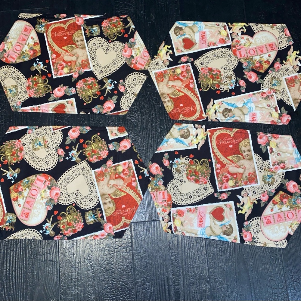 Vintage Print‎ Fabric Love Hearts Valentines Day Placemat Set Of 4 Cloth
